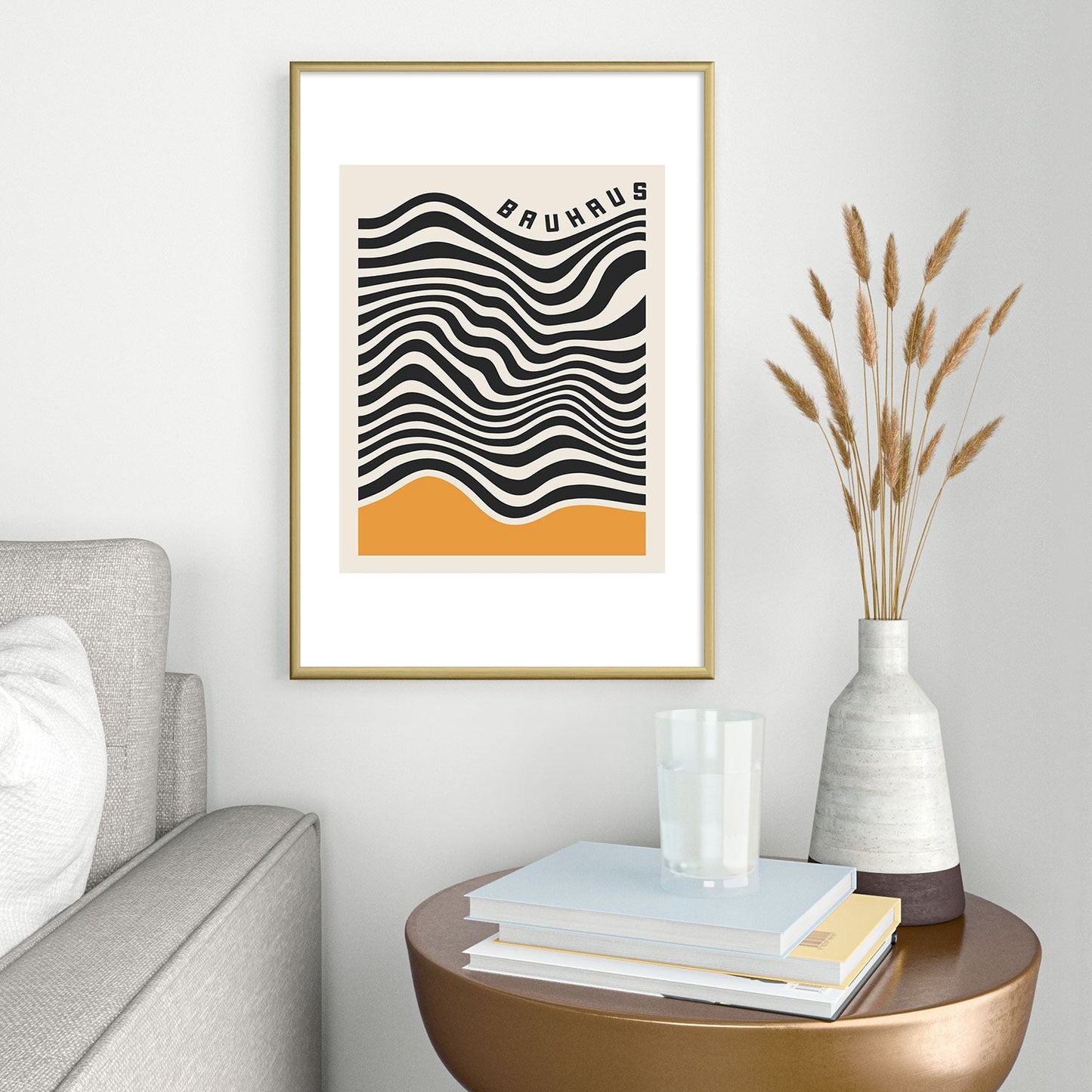 Cocoon Design Bauhaus Wavy Lines and Yellow Metal Framed Art Print