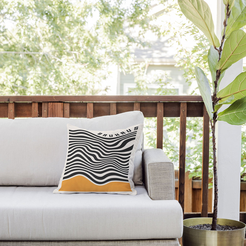 Cocoon Design Bauhaus Wavy Lines and Yellow Outdoor Throw Pillow
