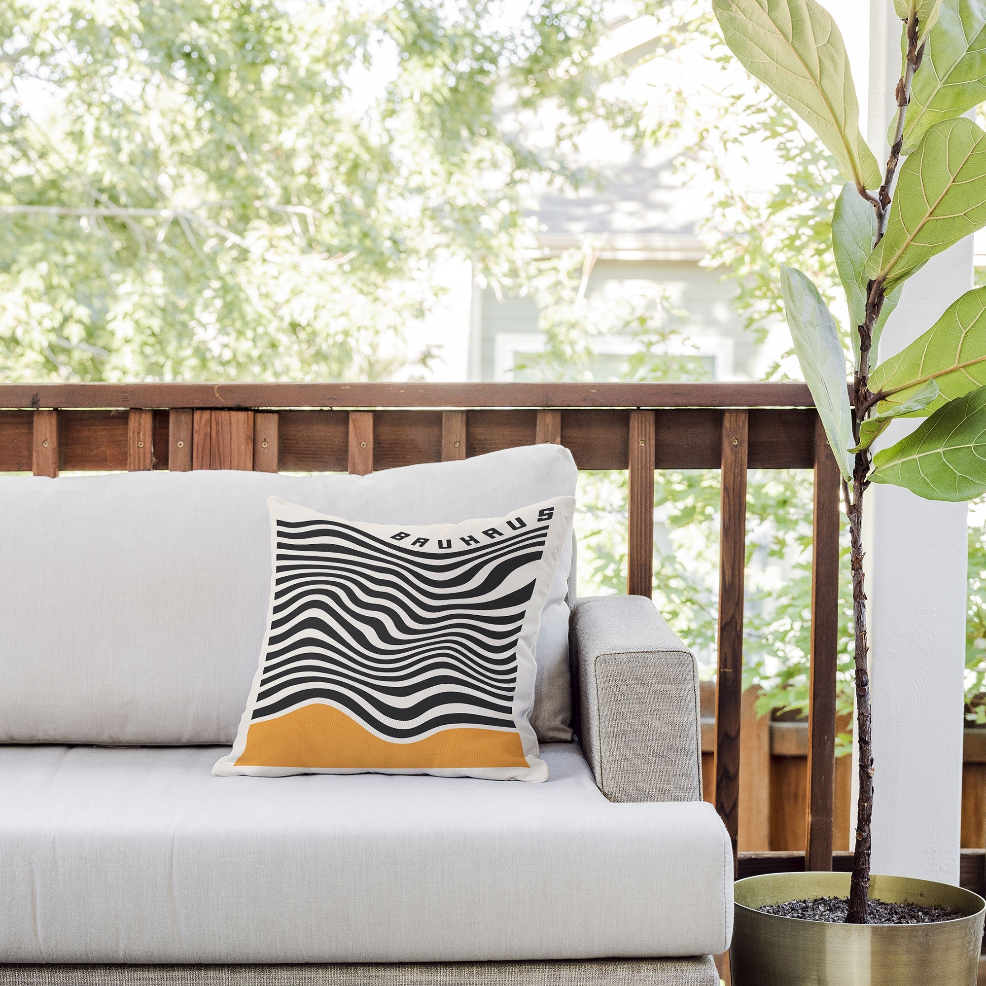 Cocoon Design Bauhaus Wavy Lines and Yellow Outdoor Throw Pillow