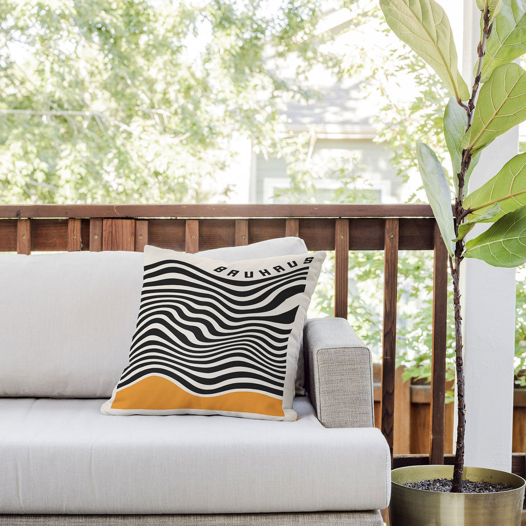 Cocoon Design Bauhaus Wavy Lines and Yellow Outdoor Throw Pillow