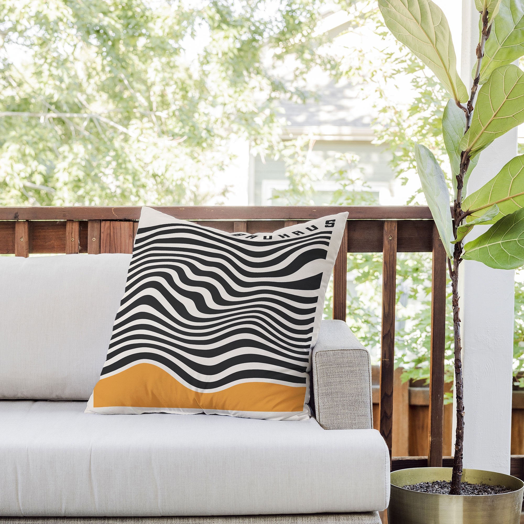 Cocoon Design Bauhaus Wavy Lines and Yellow Outdoor Throw Pillow