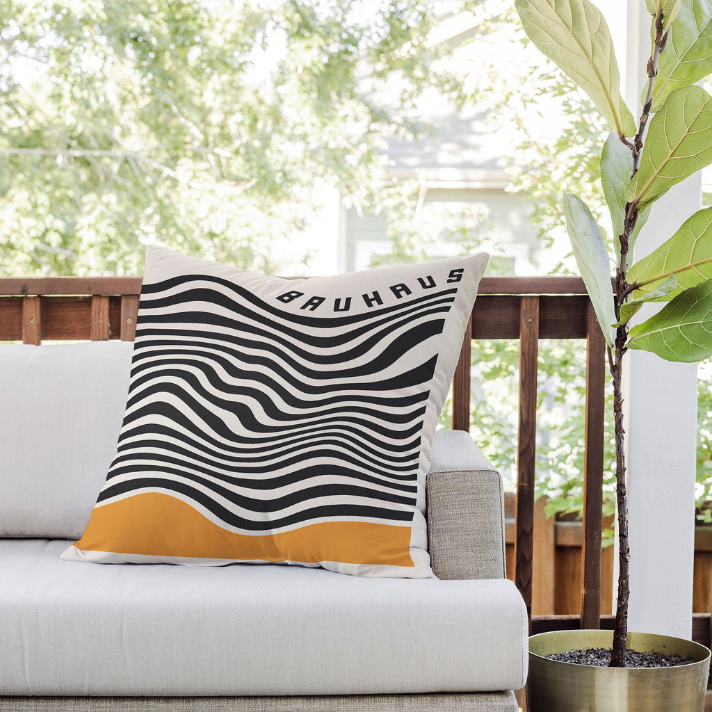 Cocoon Design Bauhaus Wavy Lines and Yellow Outdoor Throw Pillow