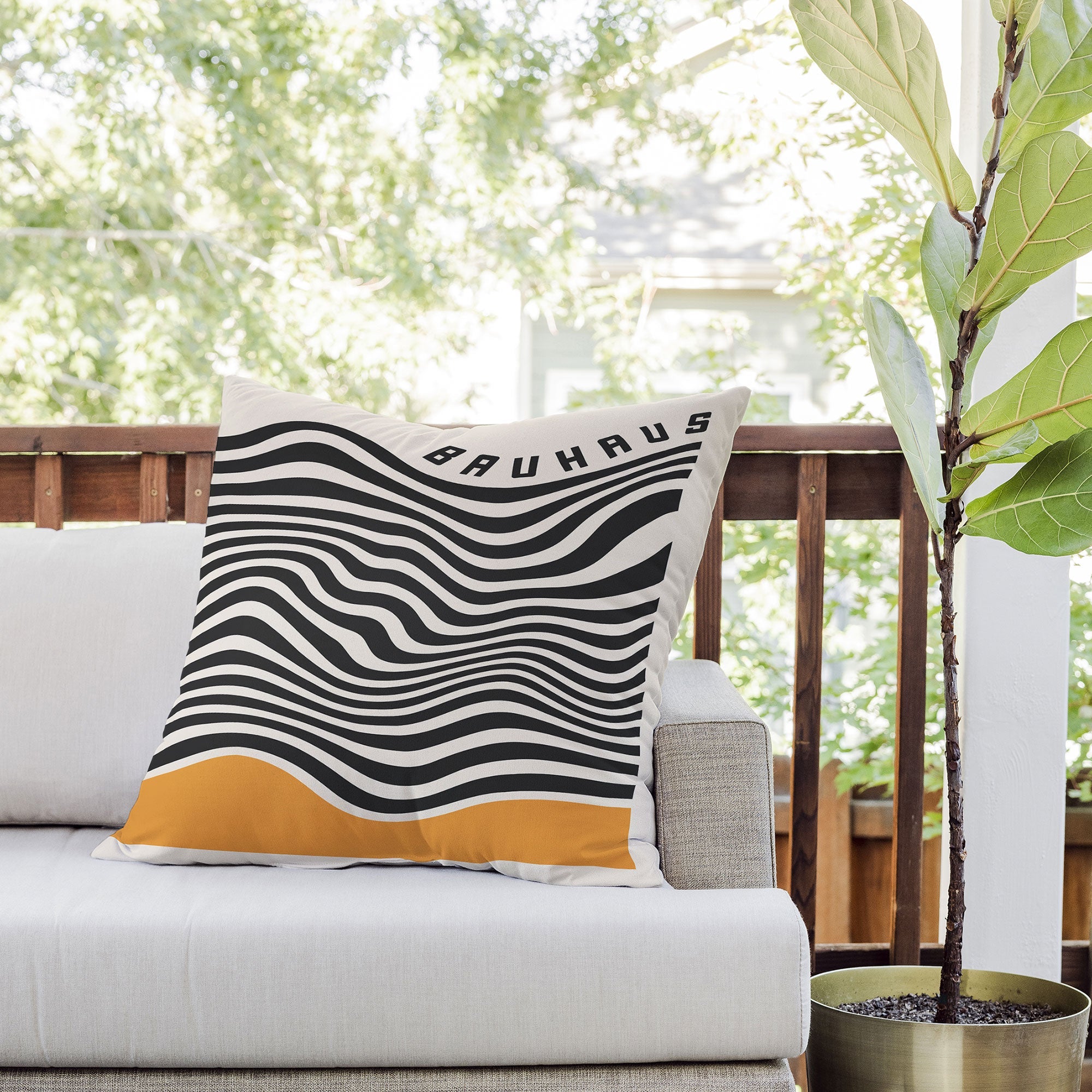 Cocoon Design Bauhaus Wavy Lines and Yellow Outdoor Throw Pillow