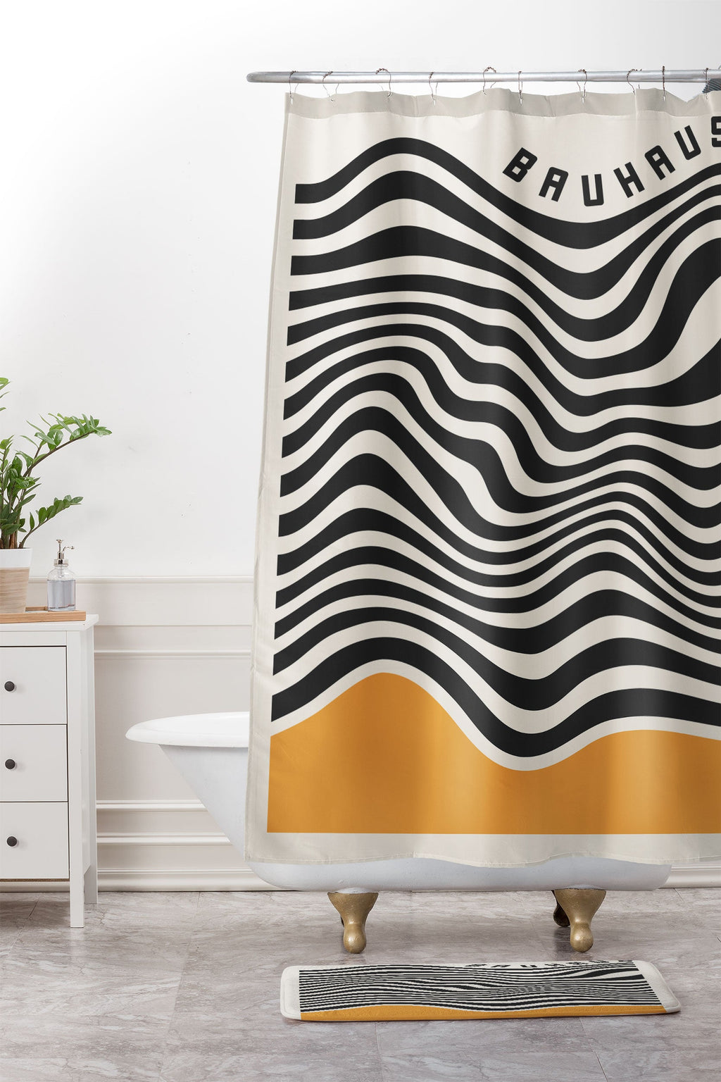 Cocoon Design Bauhaus Wavy Lines and Yellow Memory Foam Bath Mat