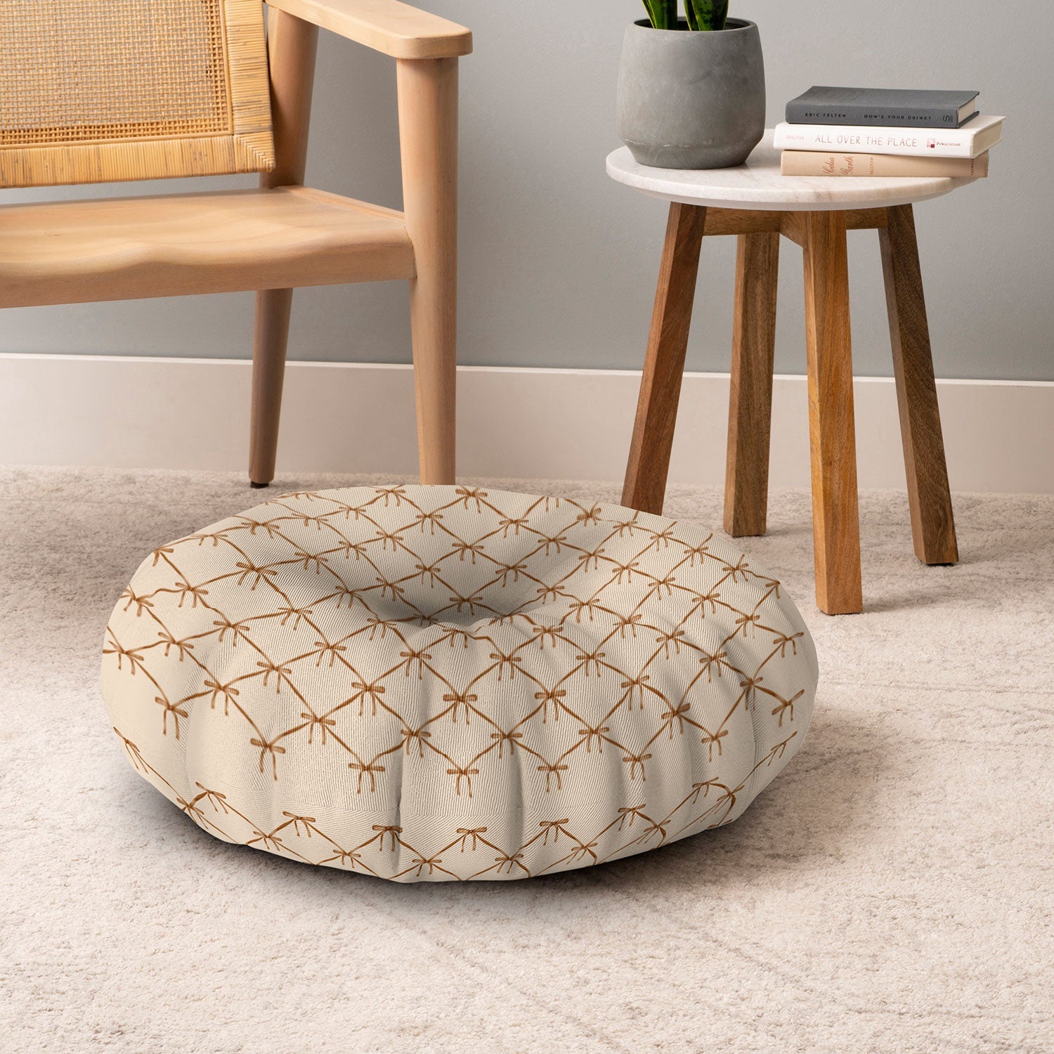 Colour Poems Bows and Ribbons Beige Floor Pillow Round