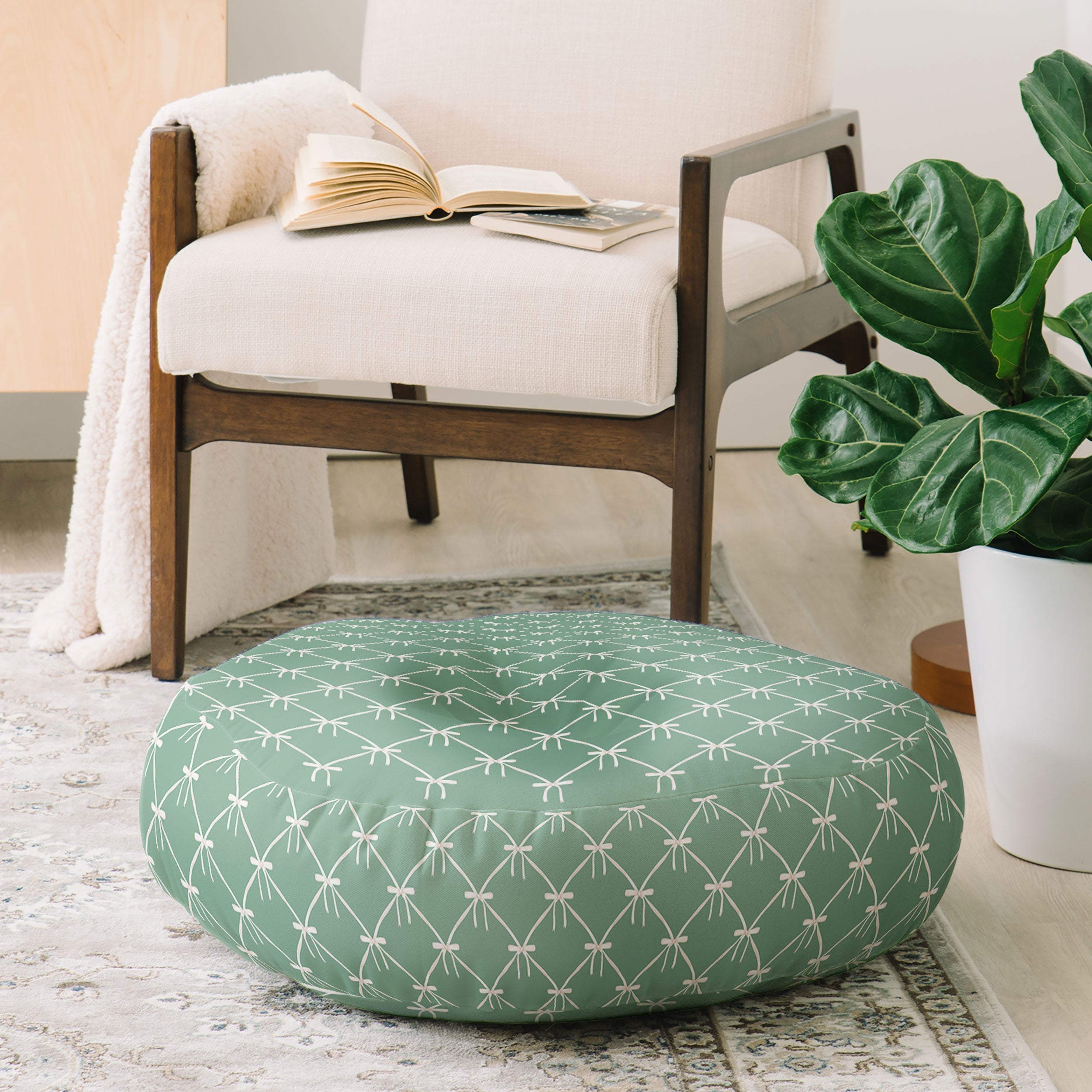 Colour Poems Bows and Ribbons Green Floor Pillow Round