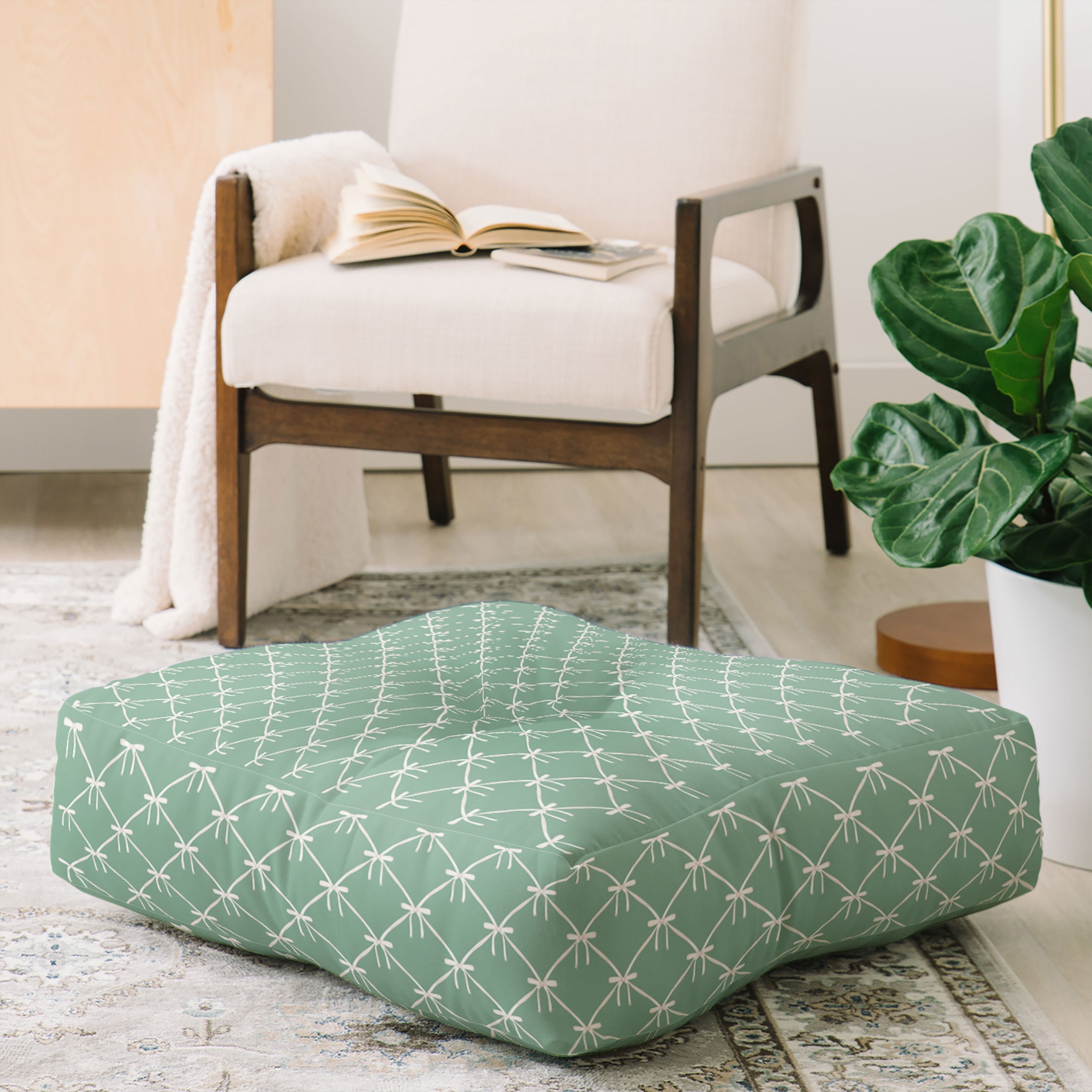 Colour Poems Bows and Ribbons Green Floor Pillow Square