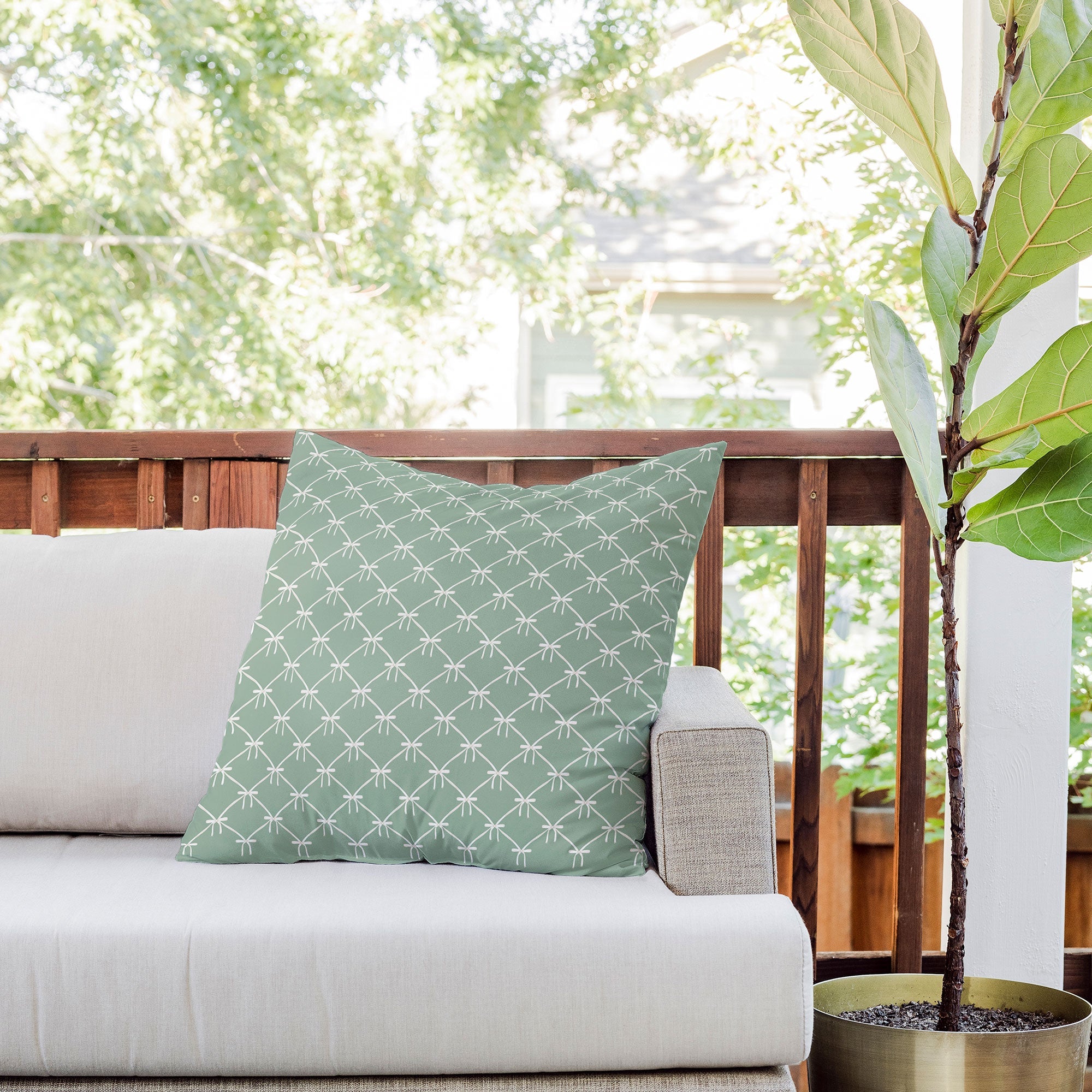 Colour Poems Bows and Ribbons Green Outdoor Throw Pillow