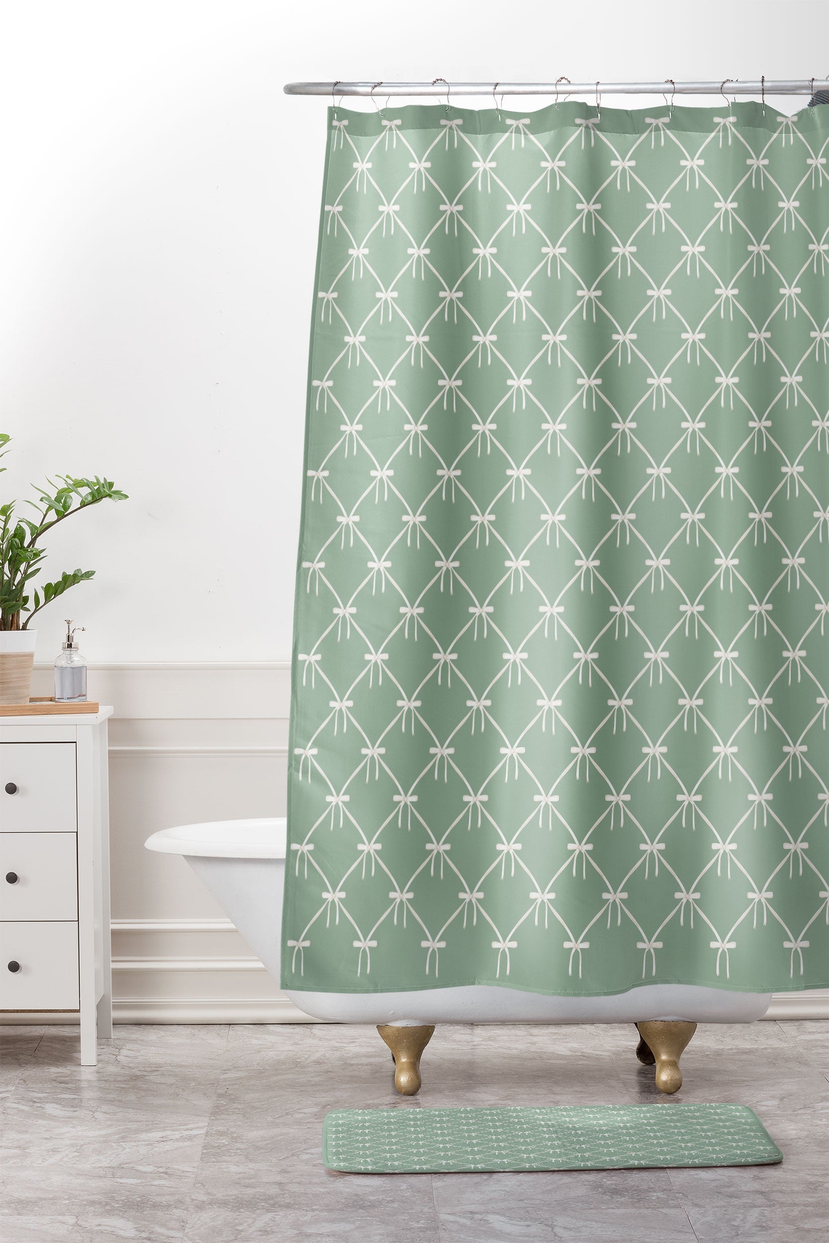 Colour Poems Bows and Ribbons Green Shower Curtain And Mat