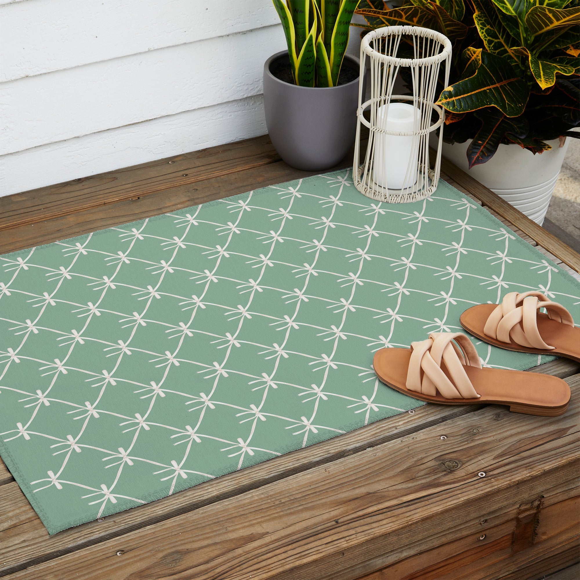 Colour Poems Bows and Ribbons Green Outdoor Rug