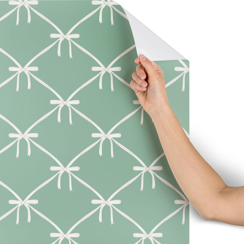 Colour Poems Bows and Ribbons Green Wallpaper