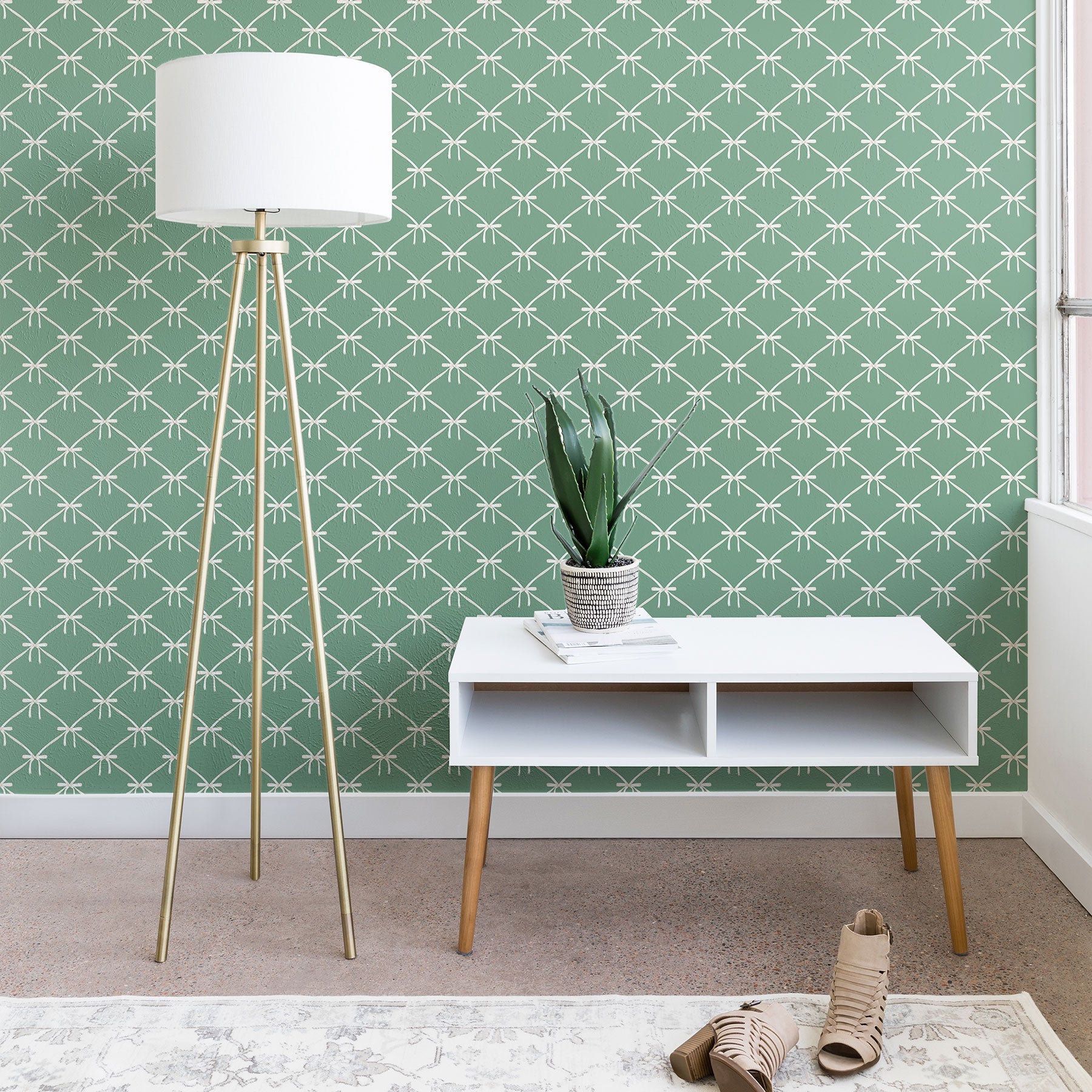 Colour Poems Bows and Ribbons Green Wallpaper