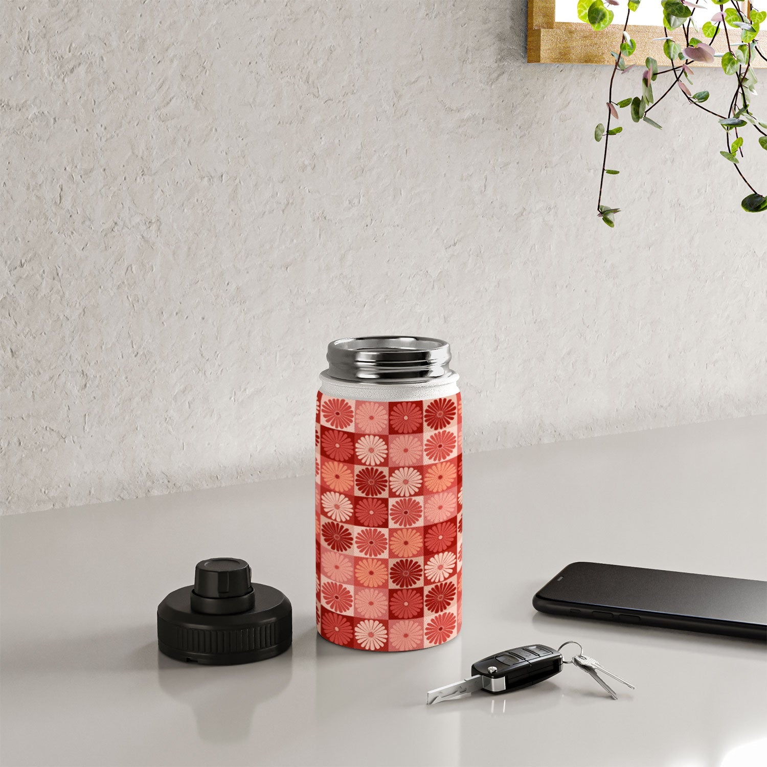 Colour Poems Checker Daisies I Red Pink Water Bottle