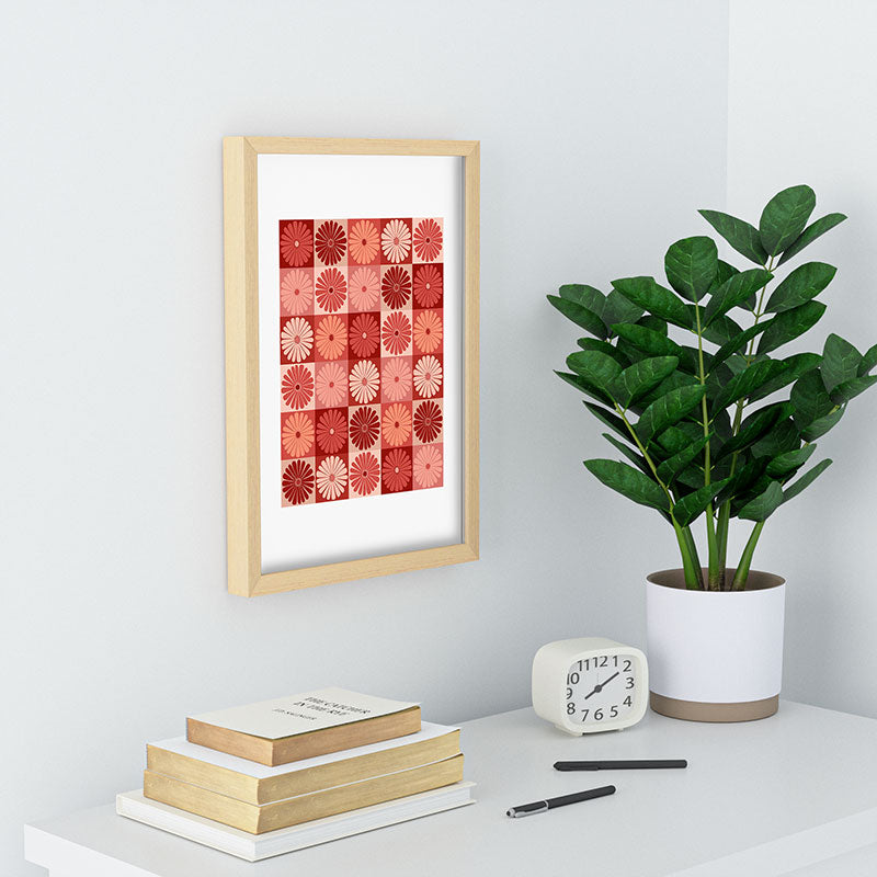 Colour Poems Checker Daisies I Red Pink Recessed Framing Rectangle