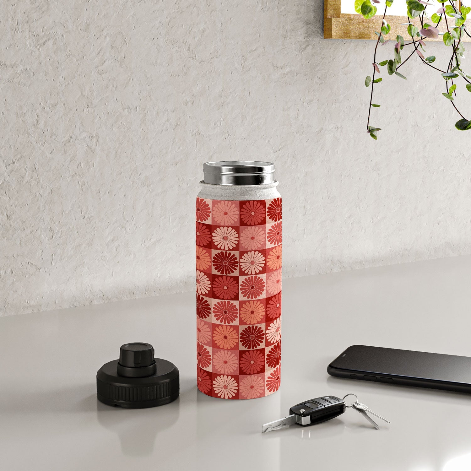 Colour Poems Checker Daisies I Red Pink Water Bottle