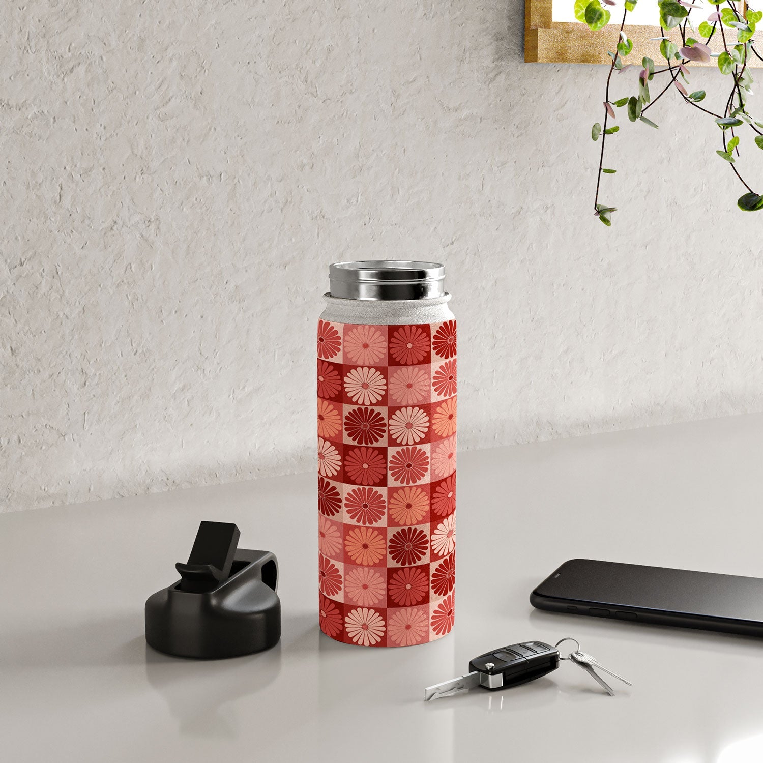 Colour Poems Checker Daisies I Red Pink Water Bottle