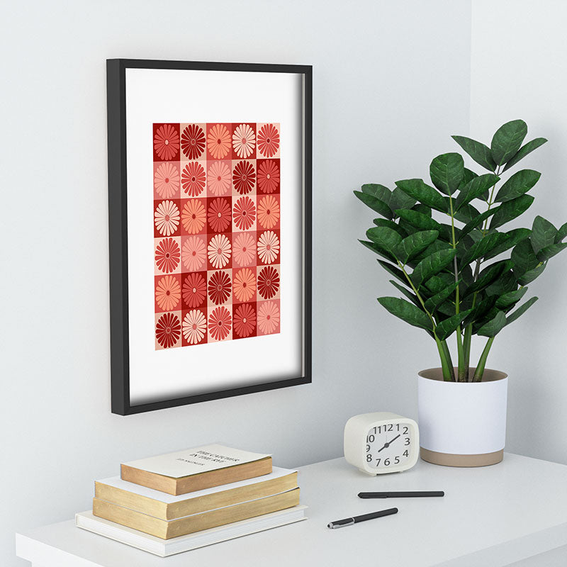 Colour Poems Checker Daisies I Red Pink Recessed Framing Rectangle