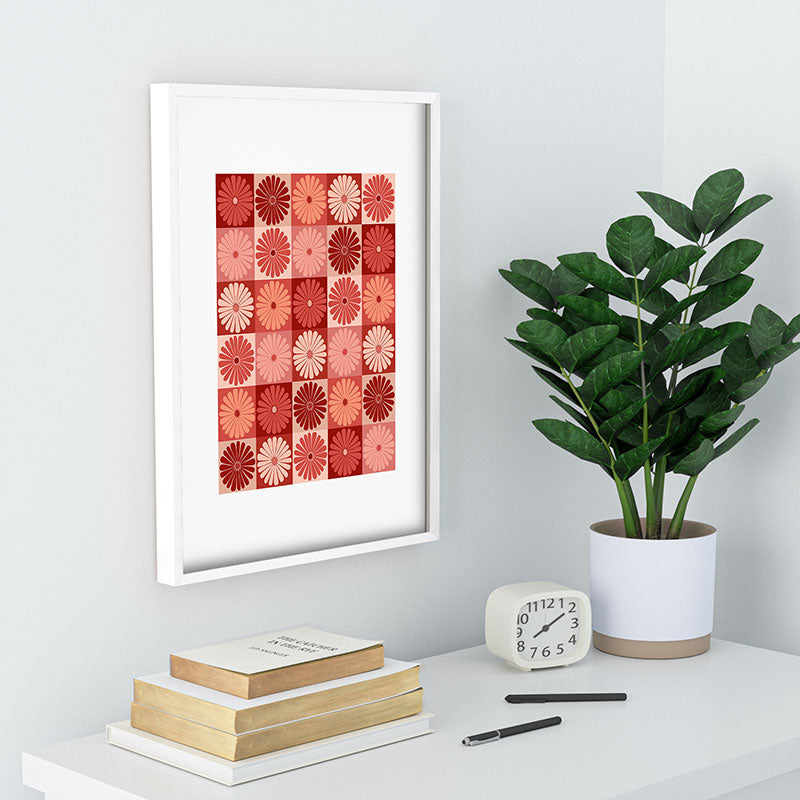 Colour Poems Checker Daisies I Red Pink Recessed Framing Rectangle