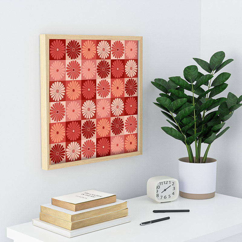 Colour Poems Checker Daisies I Red Pink Recessed Framing Square
