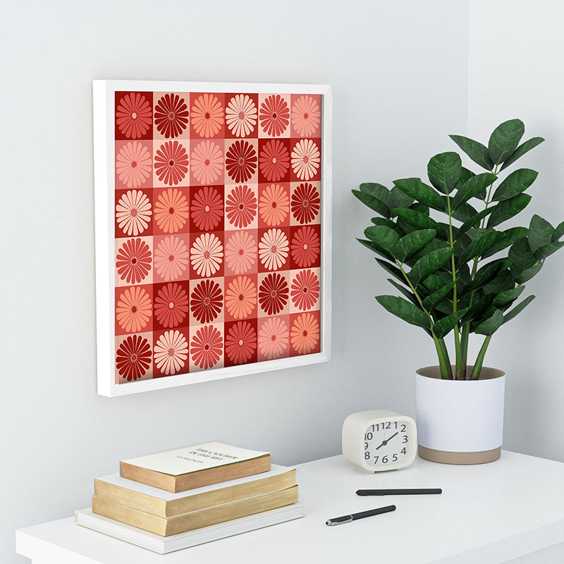 Colour Poems Checker Daisies I Red Pink Recessed Framing Square