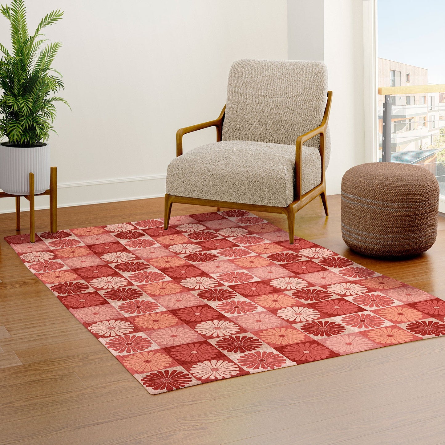 Colour Poems Checker Daisies I Red Pink Area Rug
