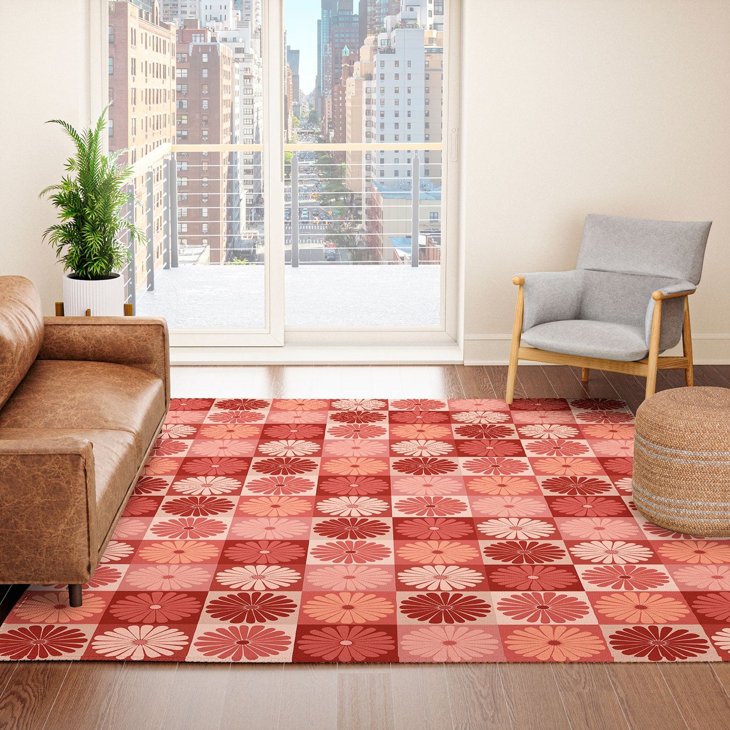 Colour Poems Checker Daisies I Red Pink Area Rug