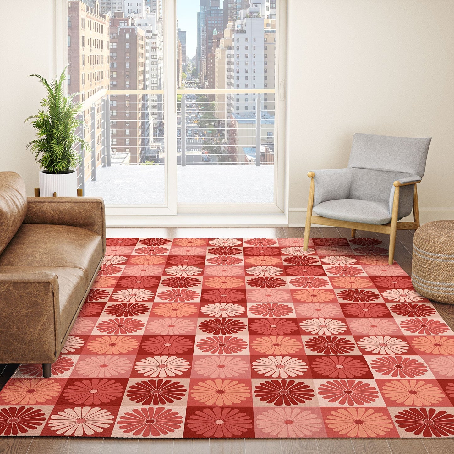Colour Poems Checker Daisies I Red Pink Area Rug