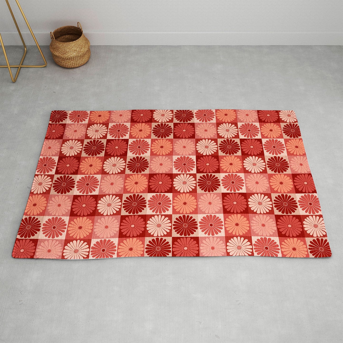 Colour Poems Checker Daisies I Red Pink Area Rug
