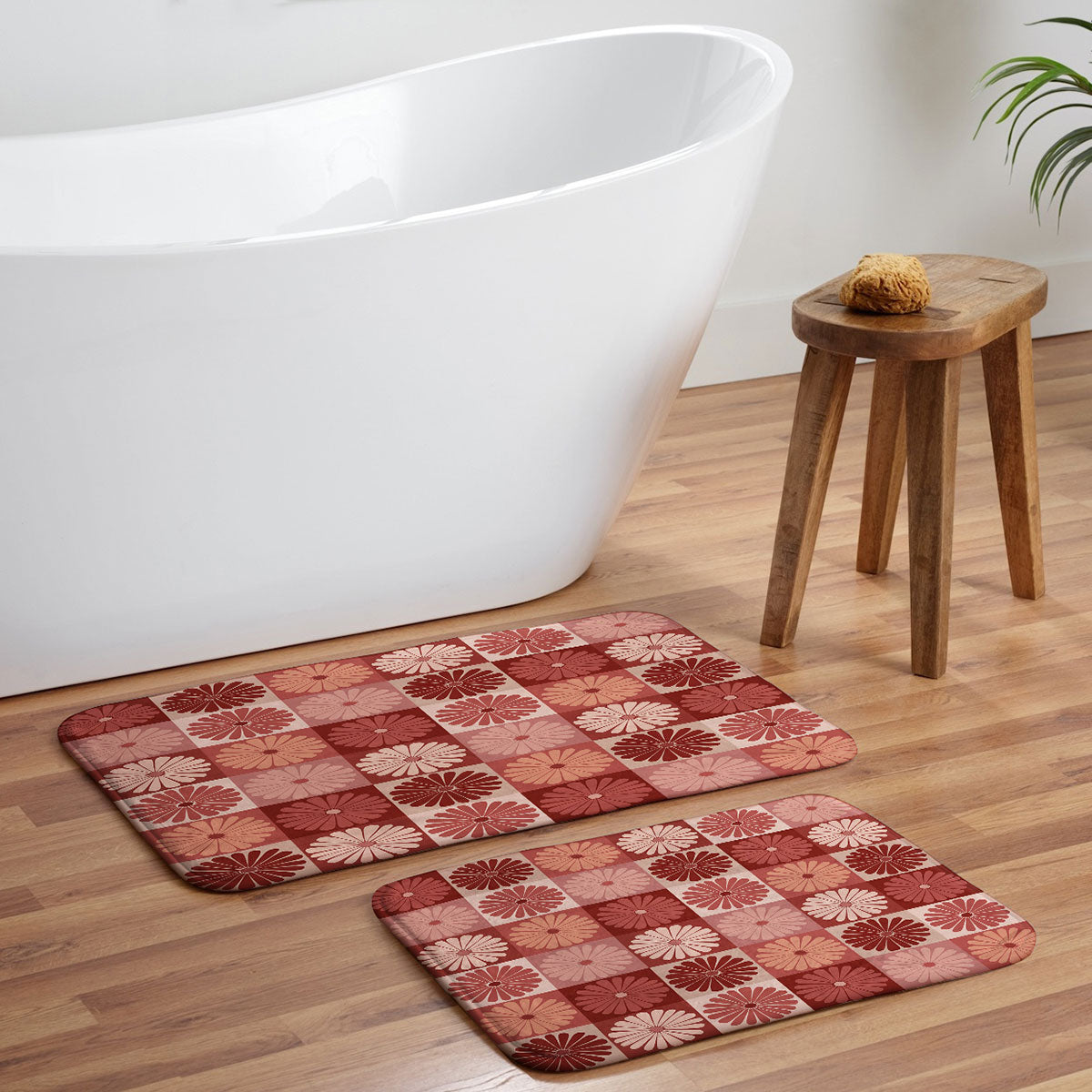Colour Poems Checker Daisies I Red Pink Memory Foam Bath Mat