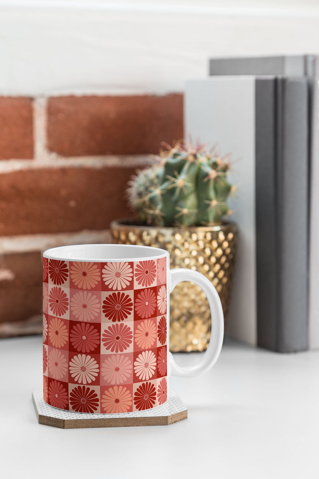 Colour Poems Checker Daisies I Red Pink Coffee Mug