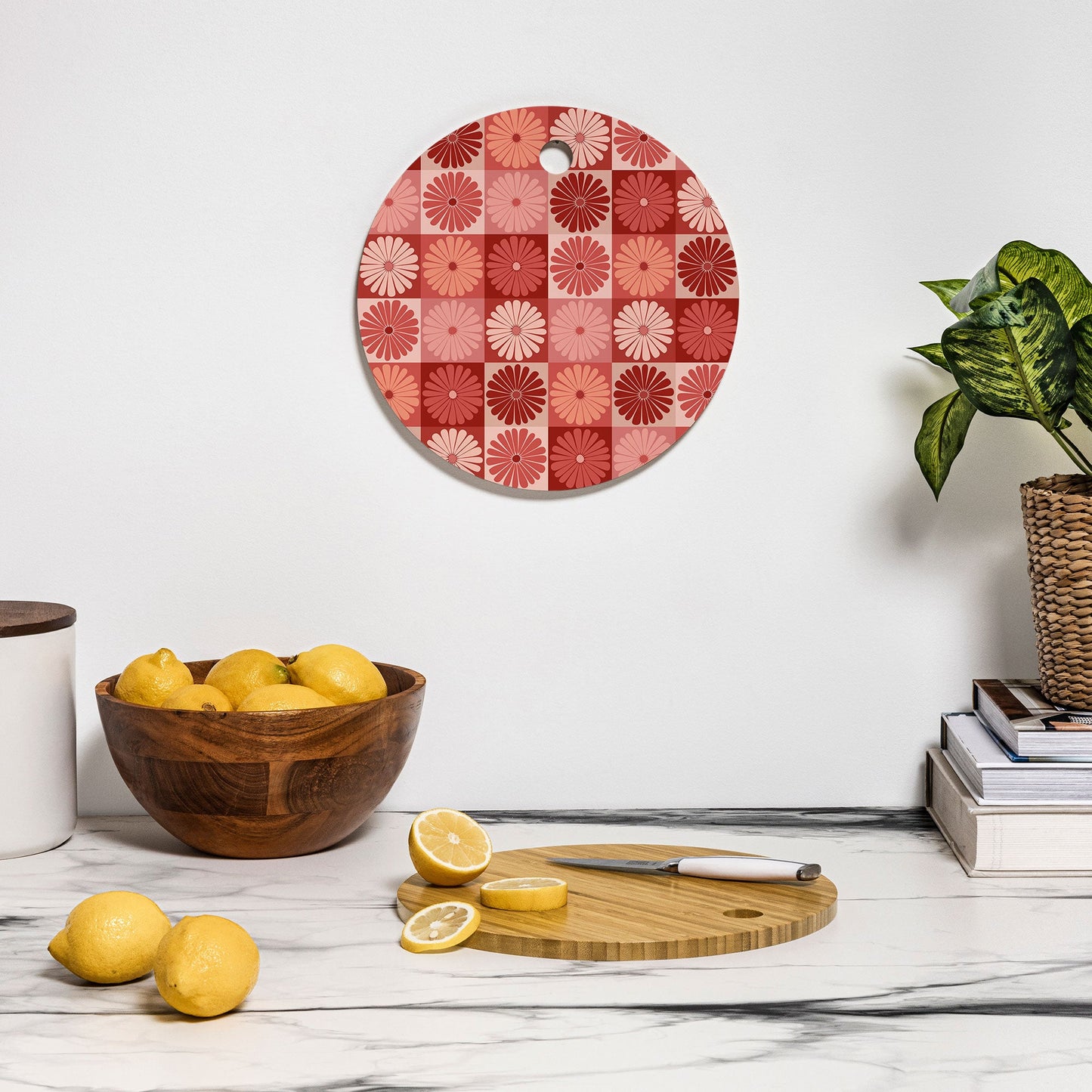 Colour Poems Checker Daisies I Red Pink Cutting Board Round
