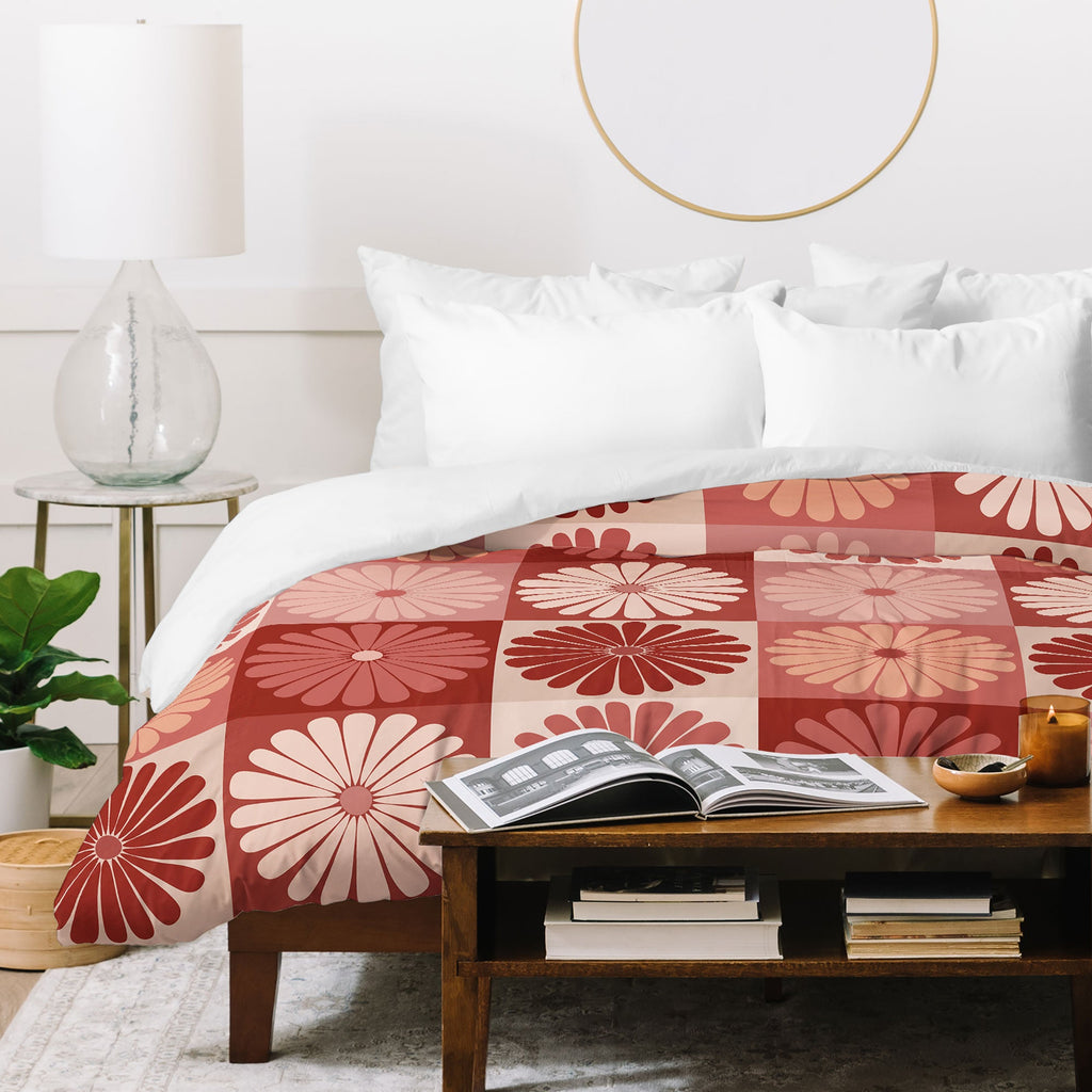 Colour Poems Checker Daisies I Red Pink Duvet Cover