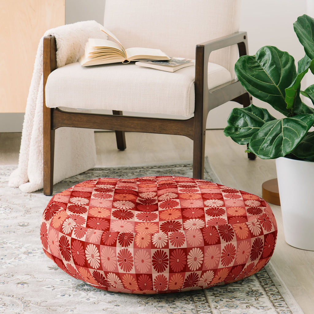 Colour Poems Checker Daisies I Red Pink Floor Pillow Round
