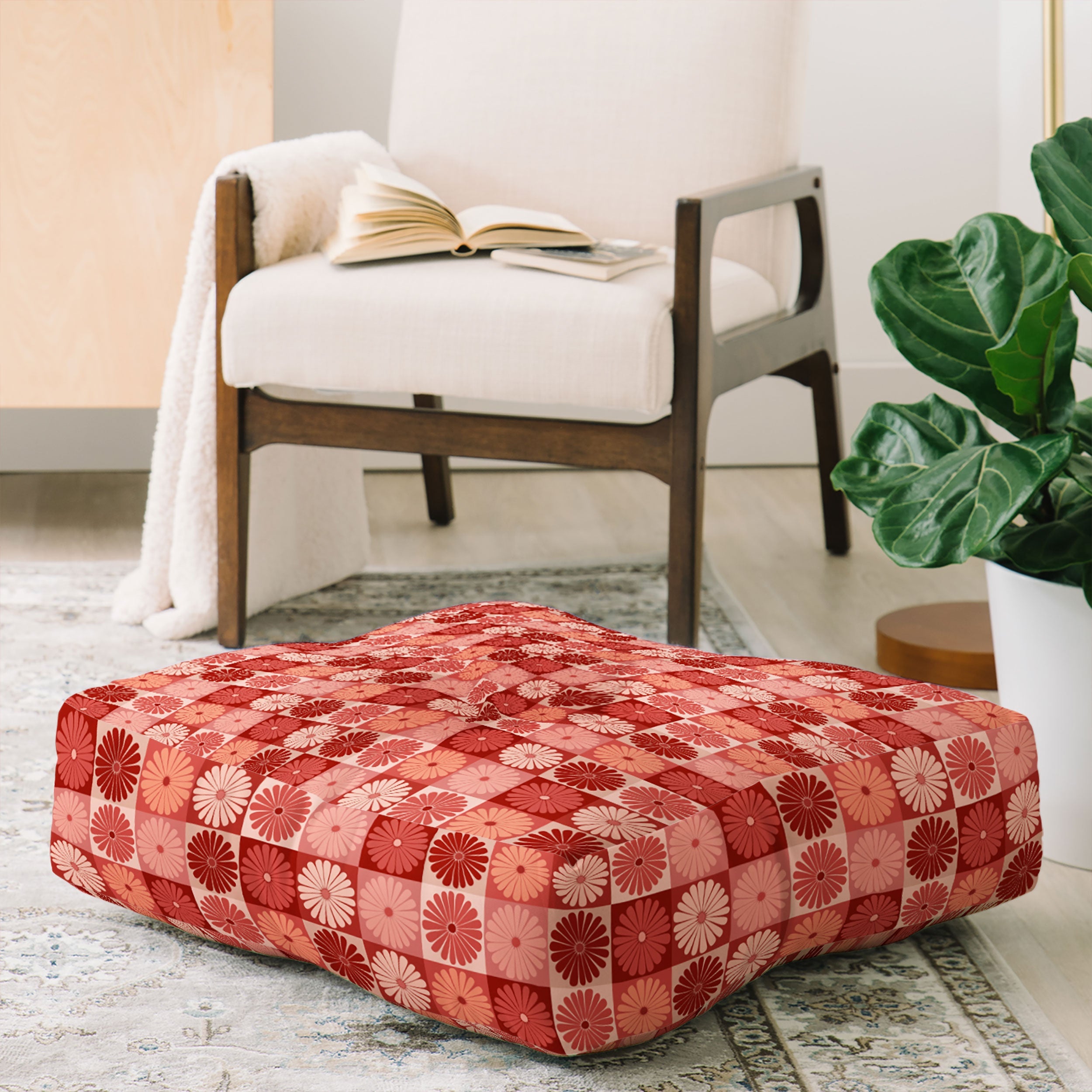 Colour Poems Checker Daisies I Red Pink Floor Pillow Square