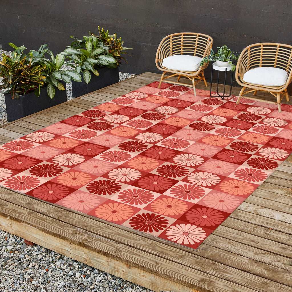 Colour Poems Checker Daisies I Red Pink Outdoor Rug