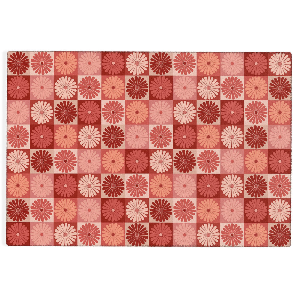Colour Poems Checker Daisies I Red Pink Outdoor Rug