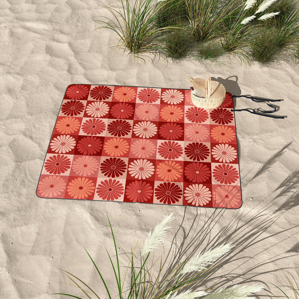 Colour Poems Checker Daisies I Red Pink Picnic Blanket