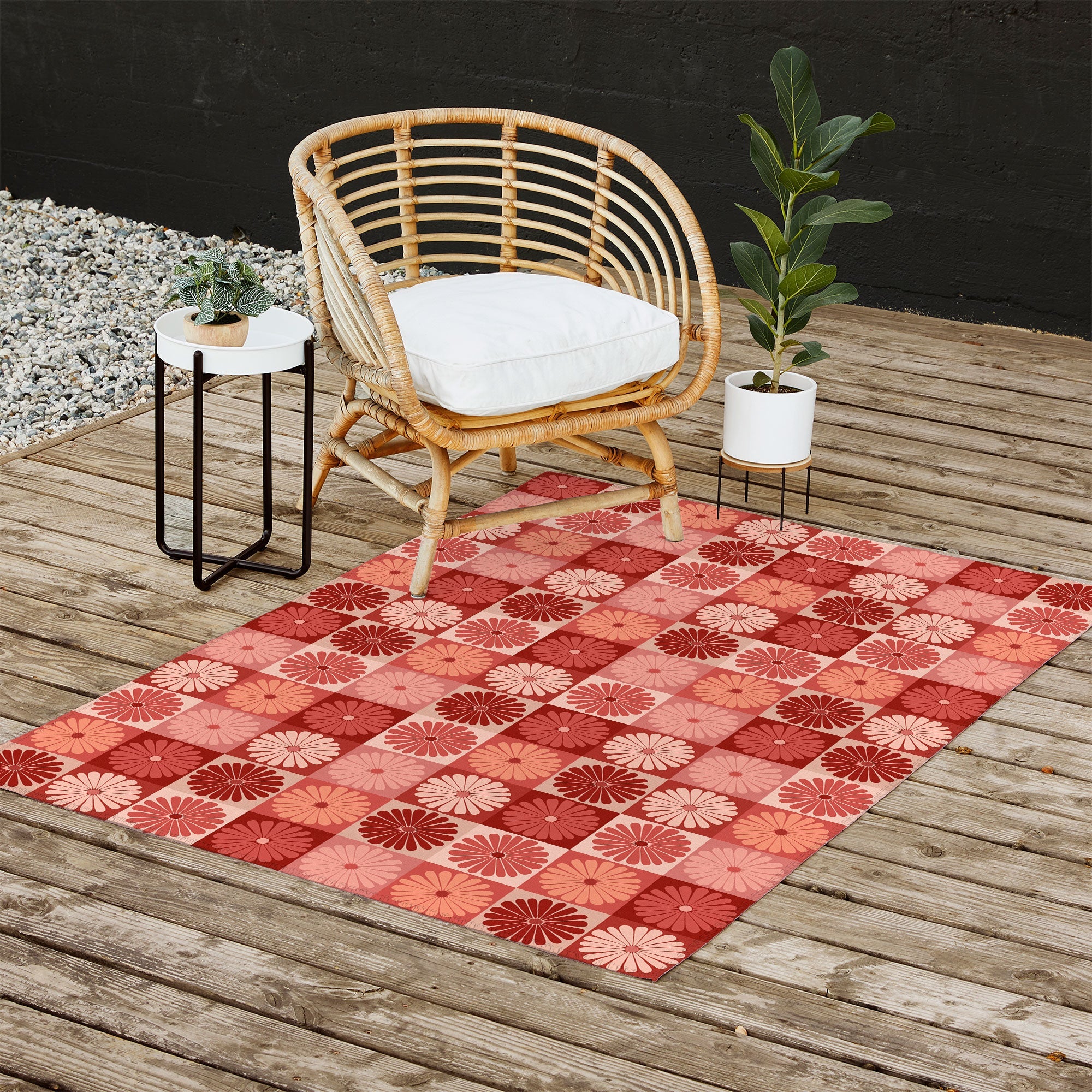 Colour Poems Checker Daisies I Red Pink Outdoor Rug