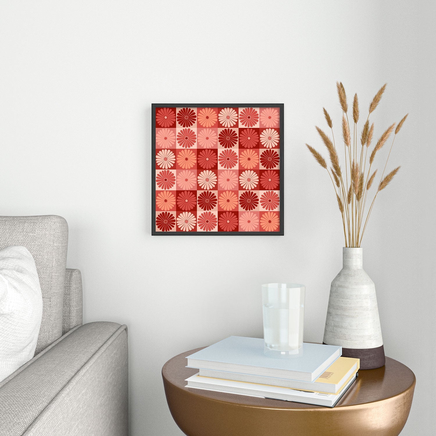 Colour Poems Checker Daisies I Red Pink Square Metal Framed Art Print