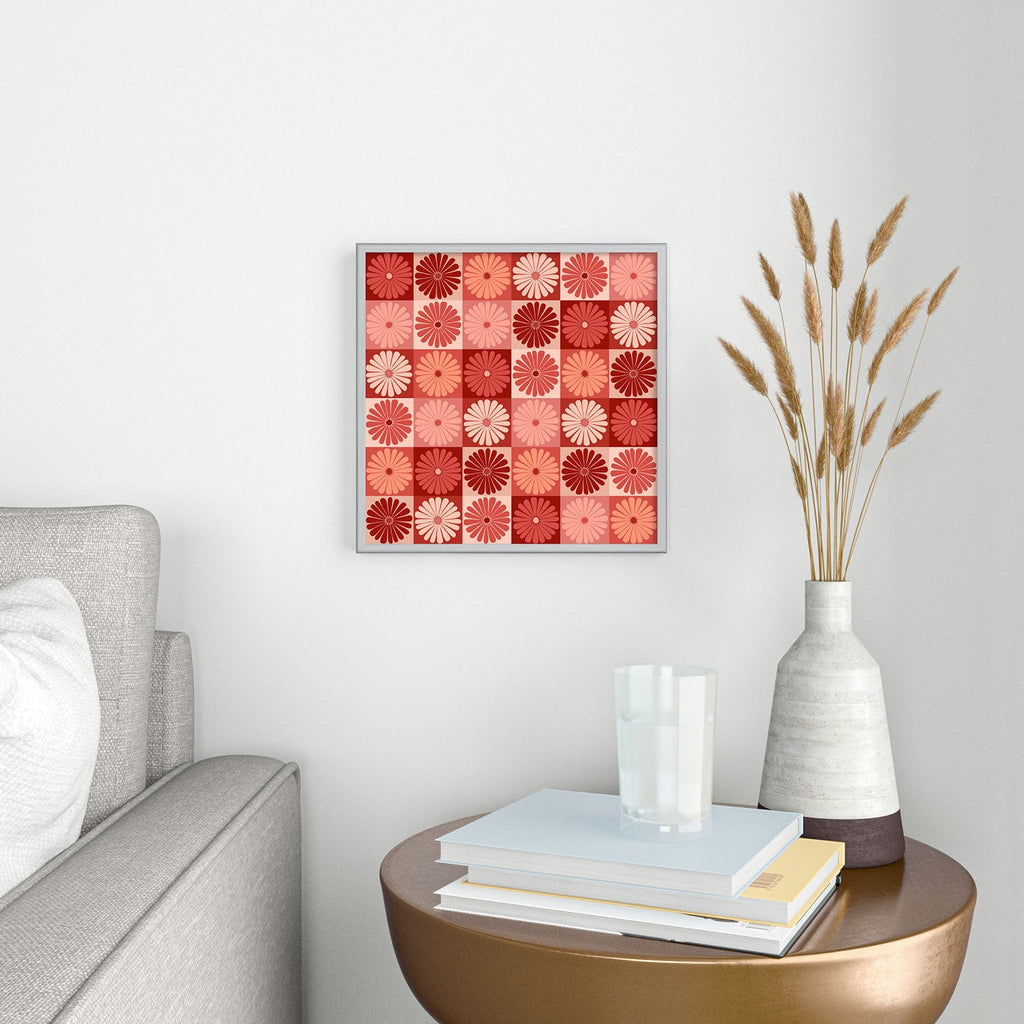 Colour Poems Checker Daisies I Red Pink Square Metal Framed Art Print