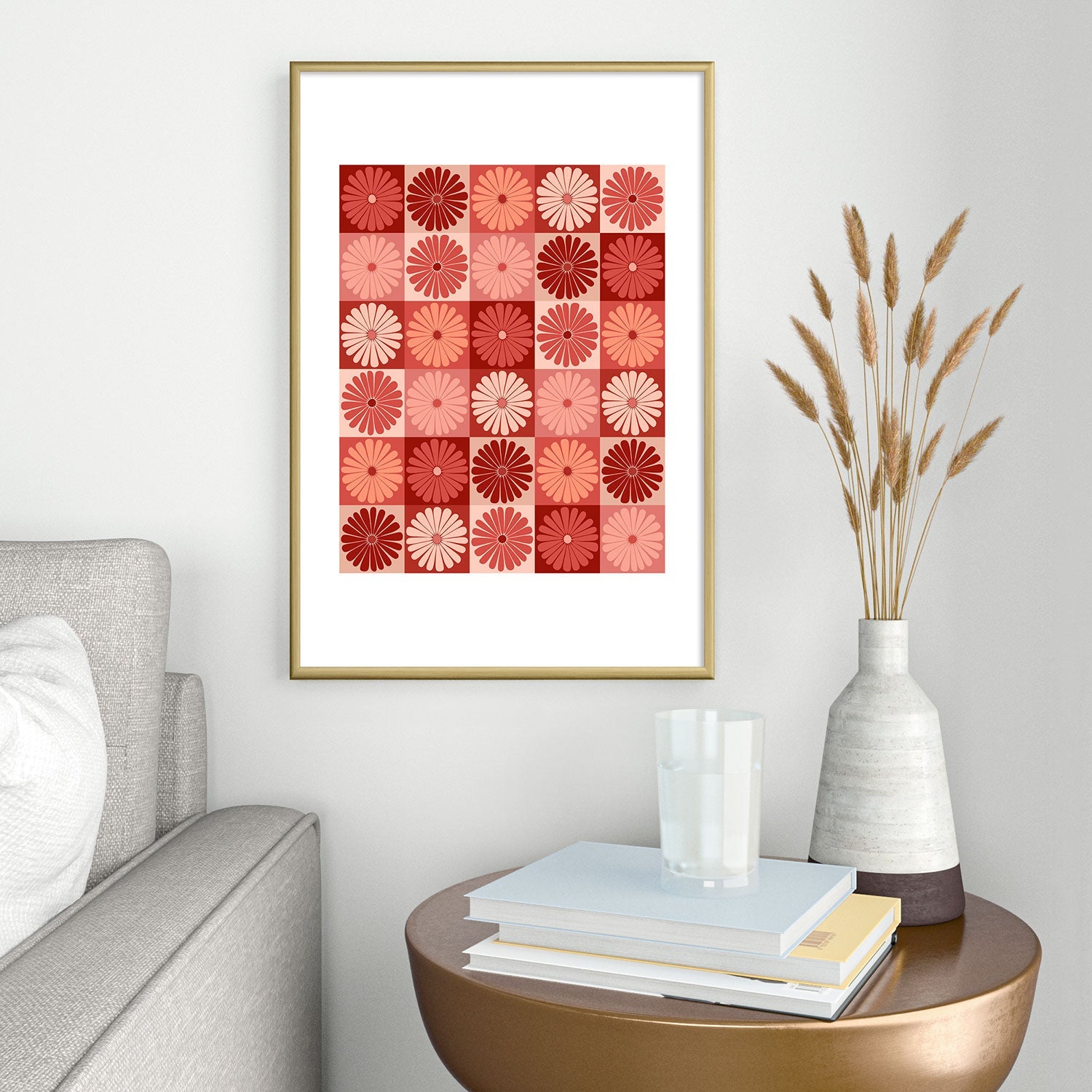 Colour Poems Checker Daisies I Red Pink Metal Framed Art Print