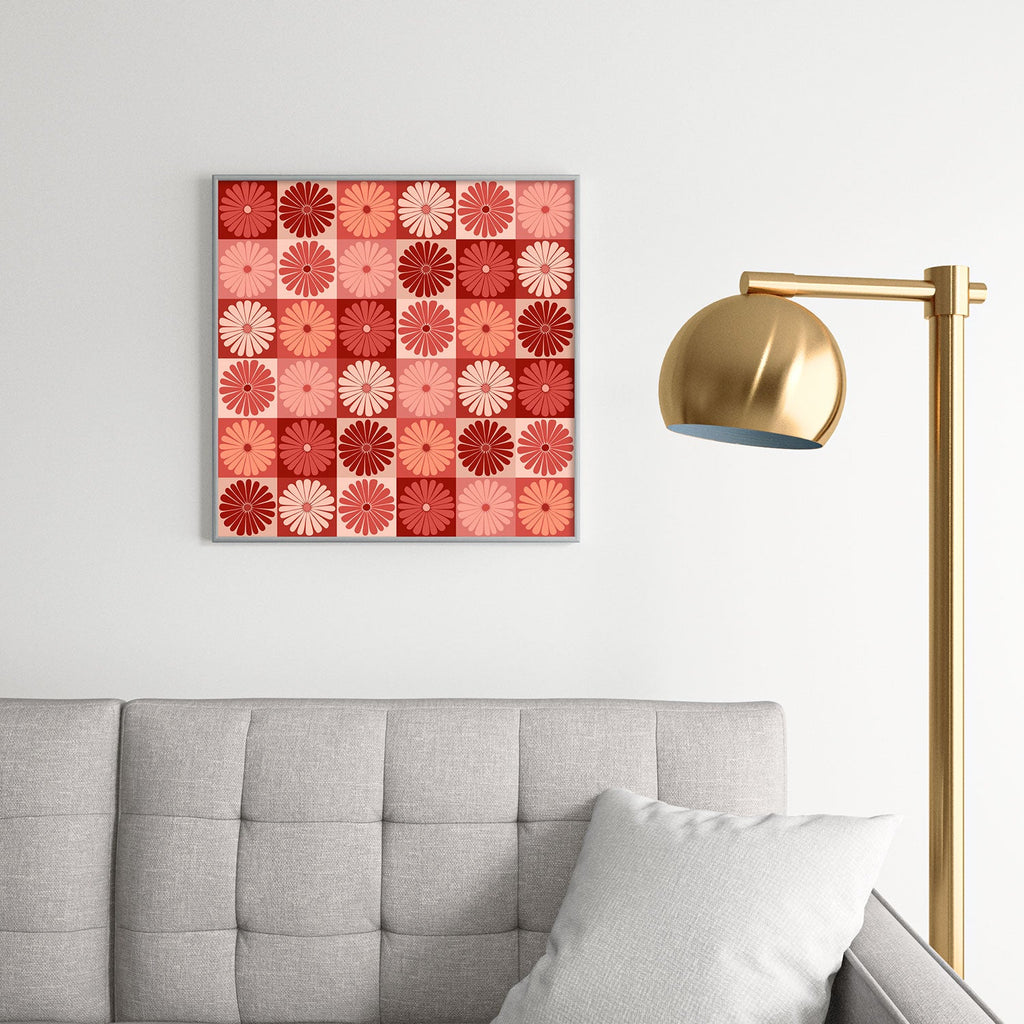 Colour Poems Checker Daisies I Red Pink Square Metal Framed Art Print