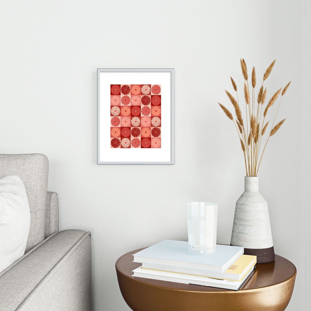 Colour Poems Checker Daisies I Red Pink Metal Framed Art Print