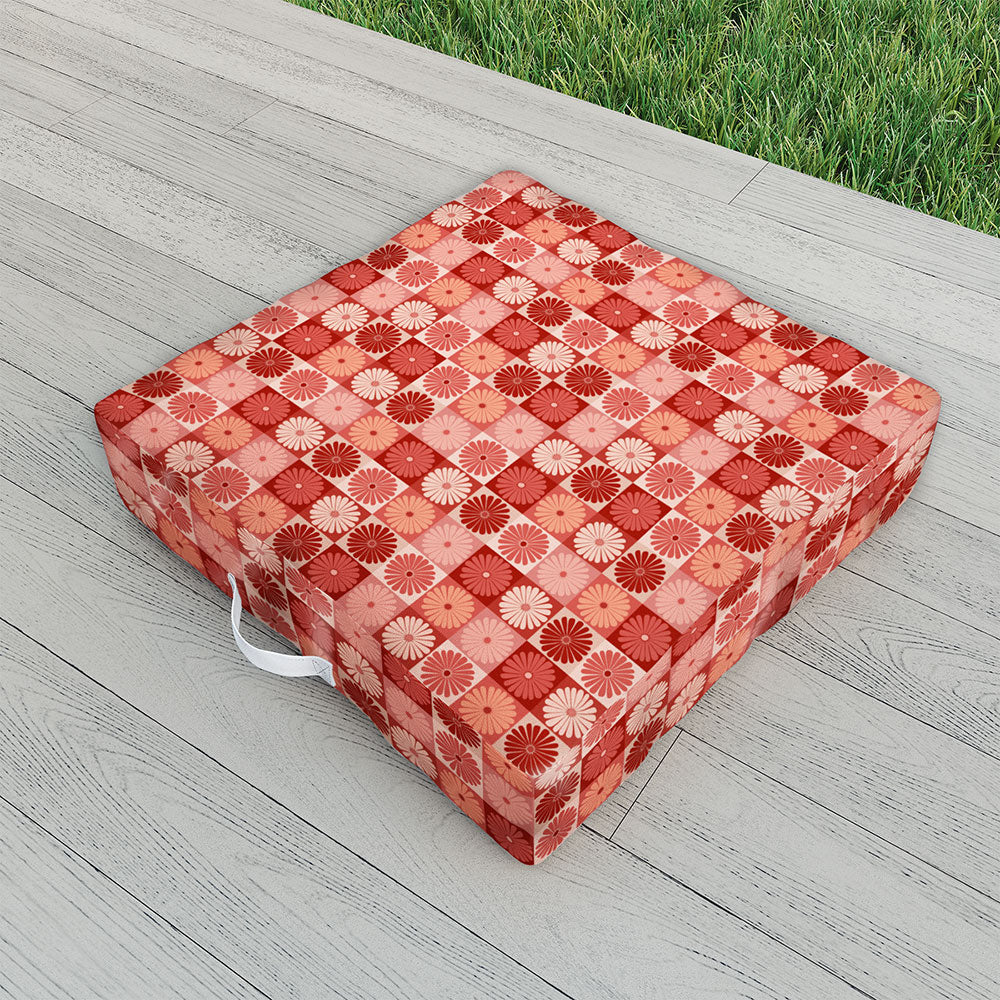 Colour Poems Checker Daisies I Red Pink Outdoor Floor Cushion