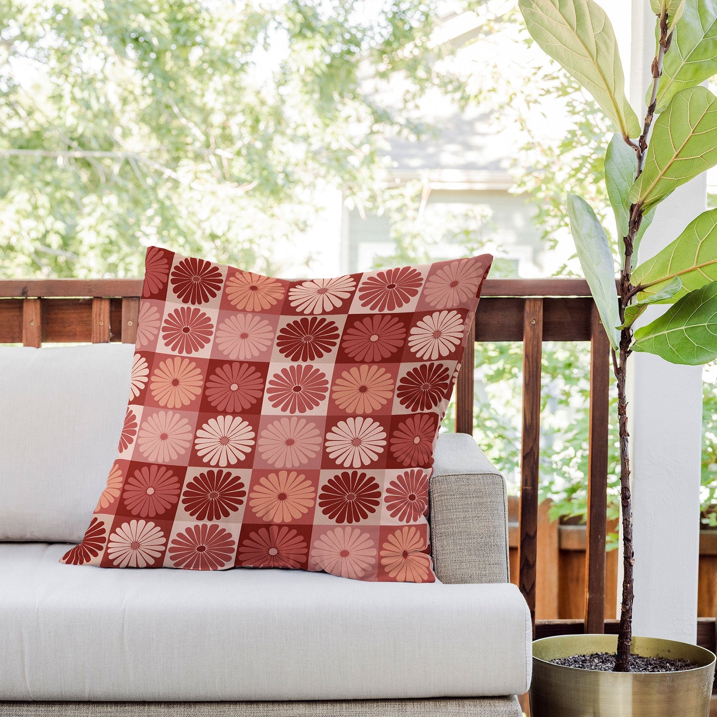 Colour Poems Checker Daisies I Red Pink Outdoor Throw Pillow
