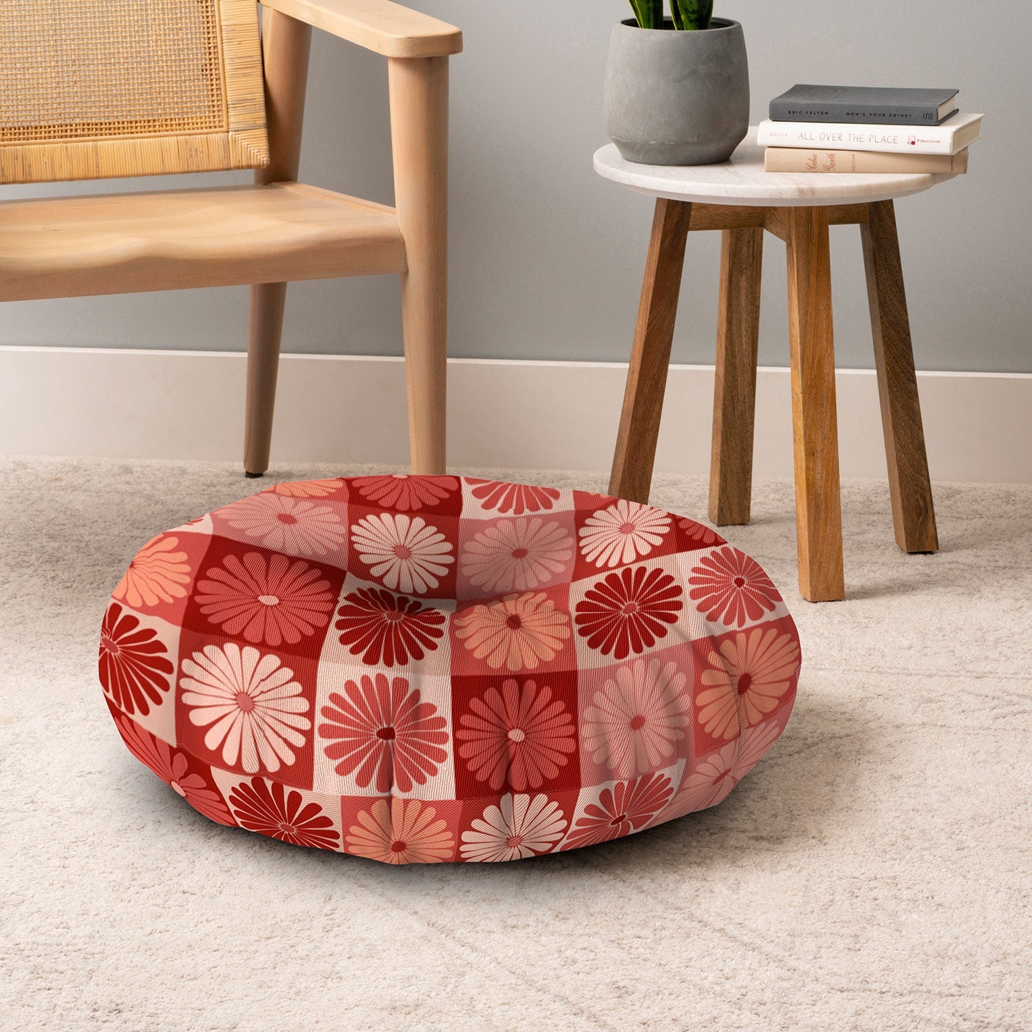 Colour Poems Checker Daisies I Red Pink Floor Pillow Round