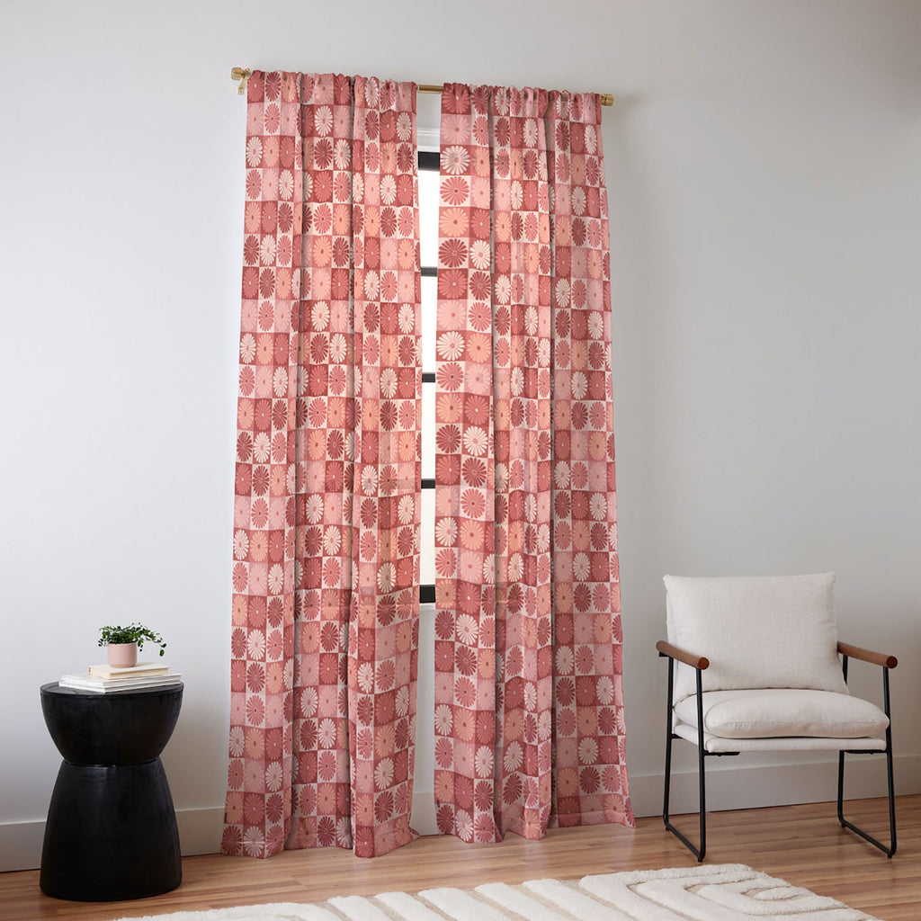 Colour Poems Checker Daisies I Red Pink Sheer Window Curtain