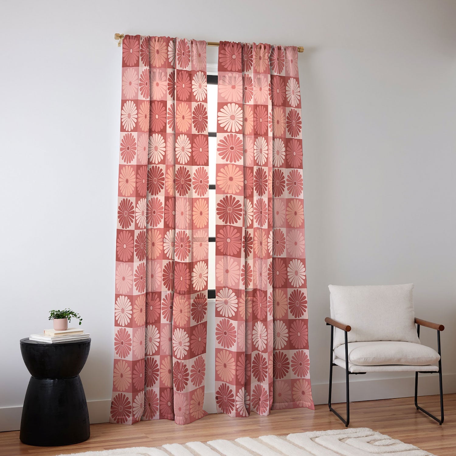 Colour Poems Checker Daisies I Red Pink Sheer Non Repeat