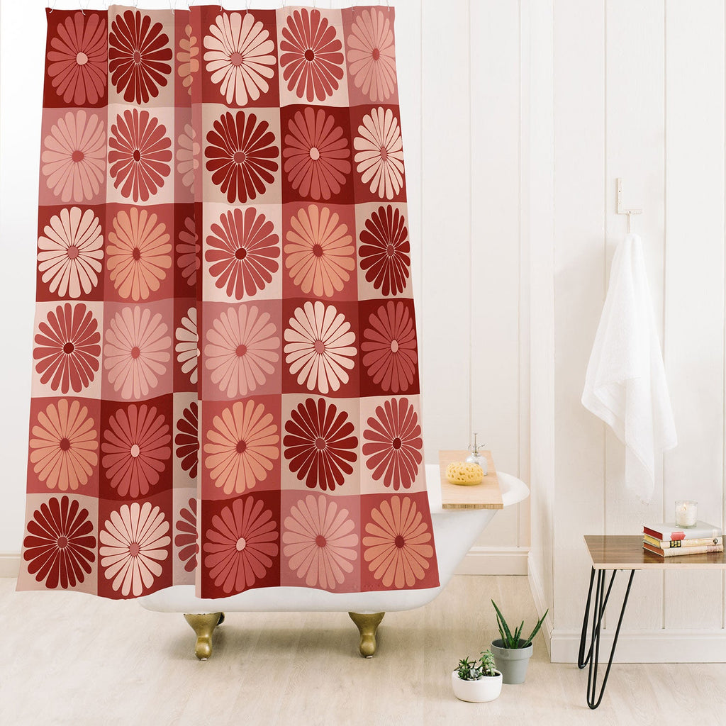 Colour Poems Checker Daisies I Red Pink Shower Curtain
