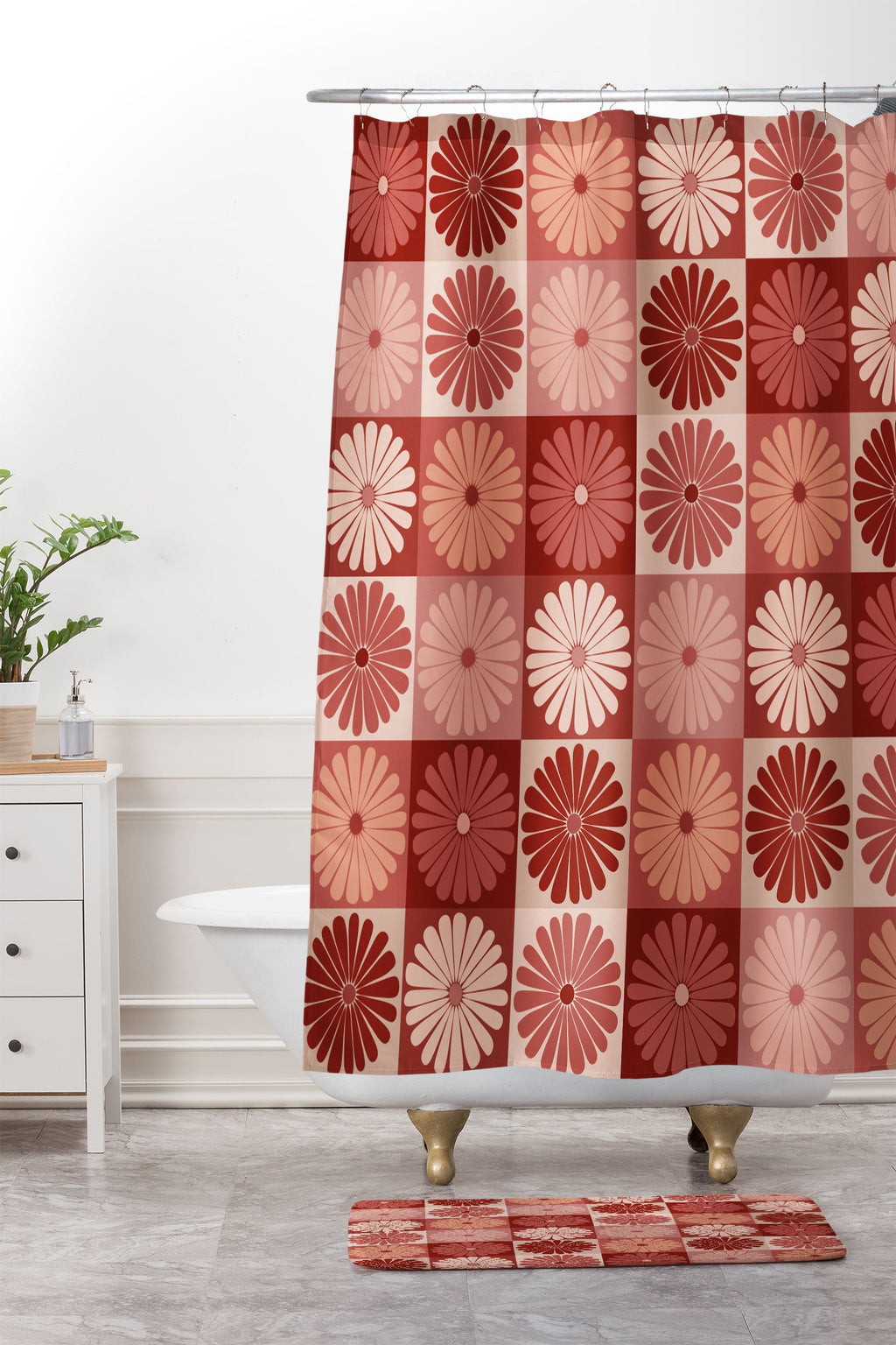 Colour Poems Checker Daisies I Red Pink Memory Foam Bath Mat